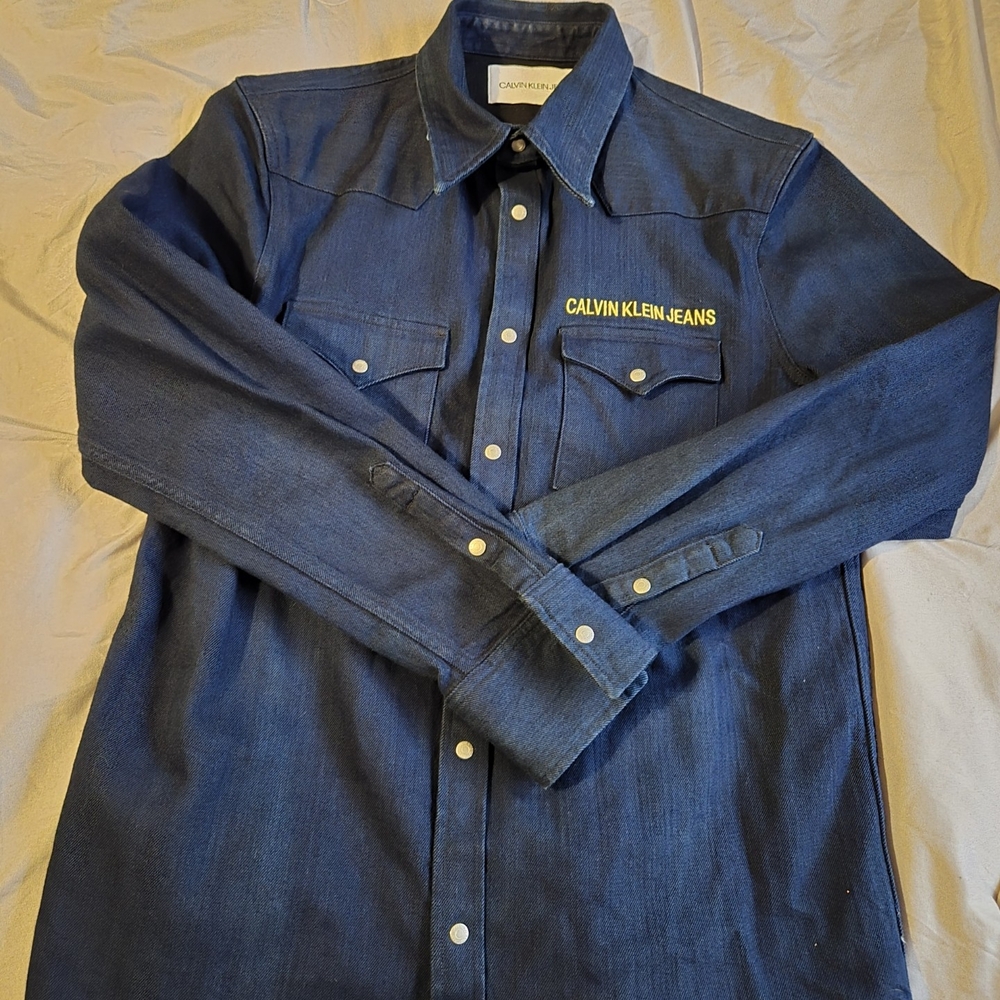 Calvin Klein Jeans Mens Indigo Blue Denim Western Snap Front Shirt Large L/G